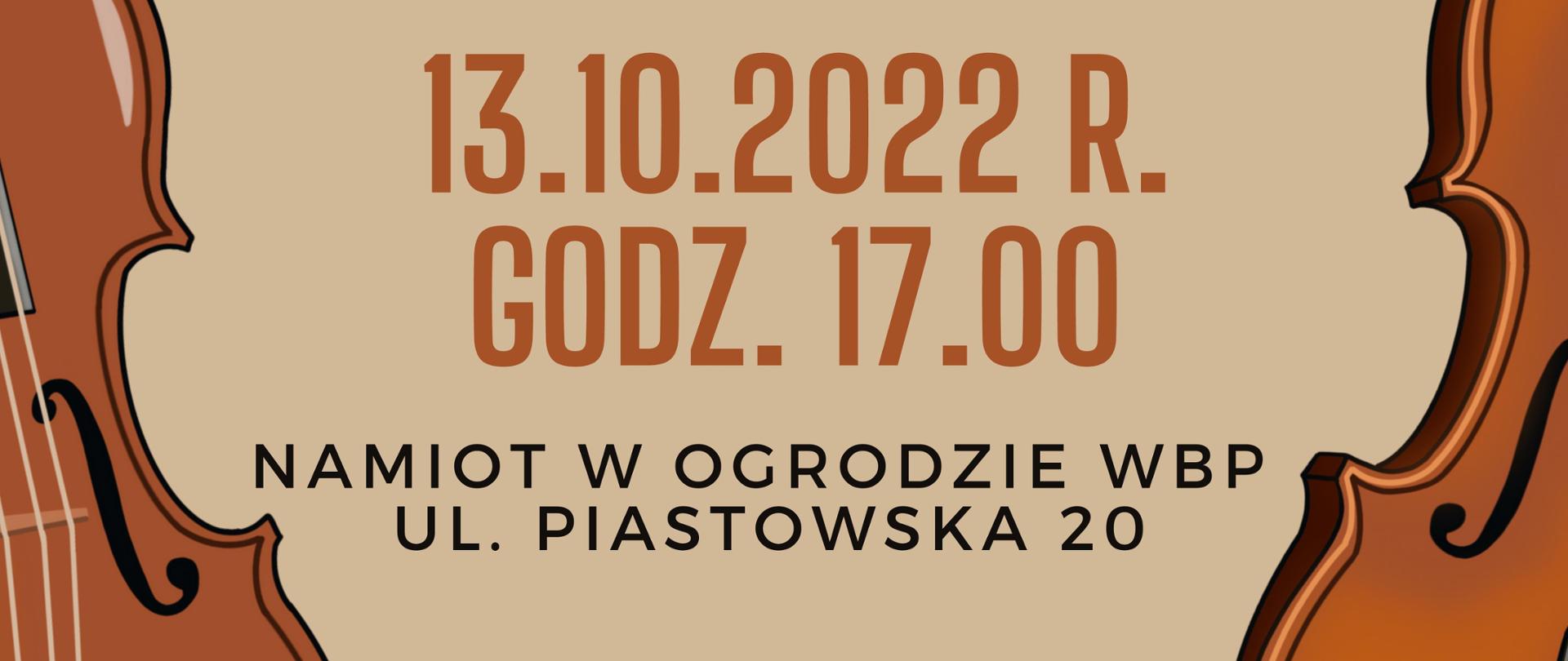 plakat przedstawia grafikę skrzypiec umieszczonych po obu stronach, w górnej części zamieszczono logotypy Szkoły, Wojewódzkiej Biblioteki Publicznej oraz Instytucji Kultury Samorządu Województwa Opolskiego, w centralnej części umieszczono informację o wykonawcach, dacie, godzinie oraz miejscu koncertu