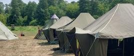 Zdjęcie przedstawia rozłożone namioty harcerskie stanowiące część obozowiska.