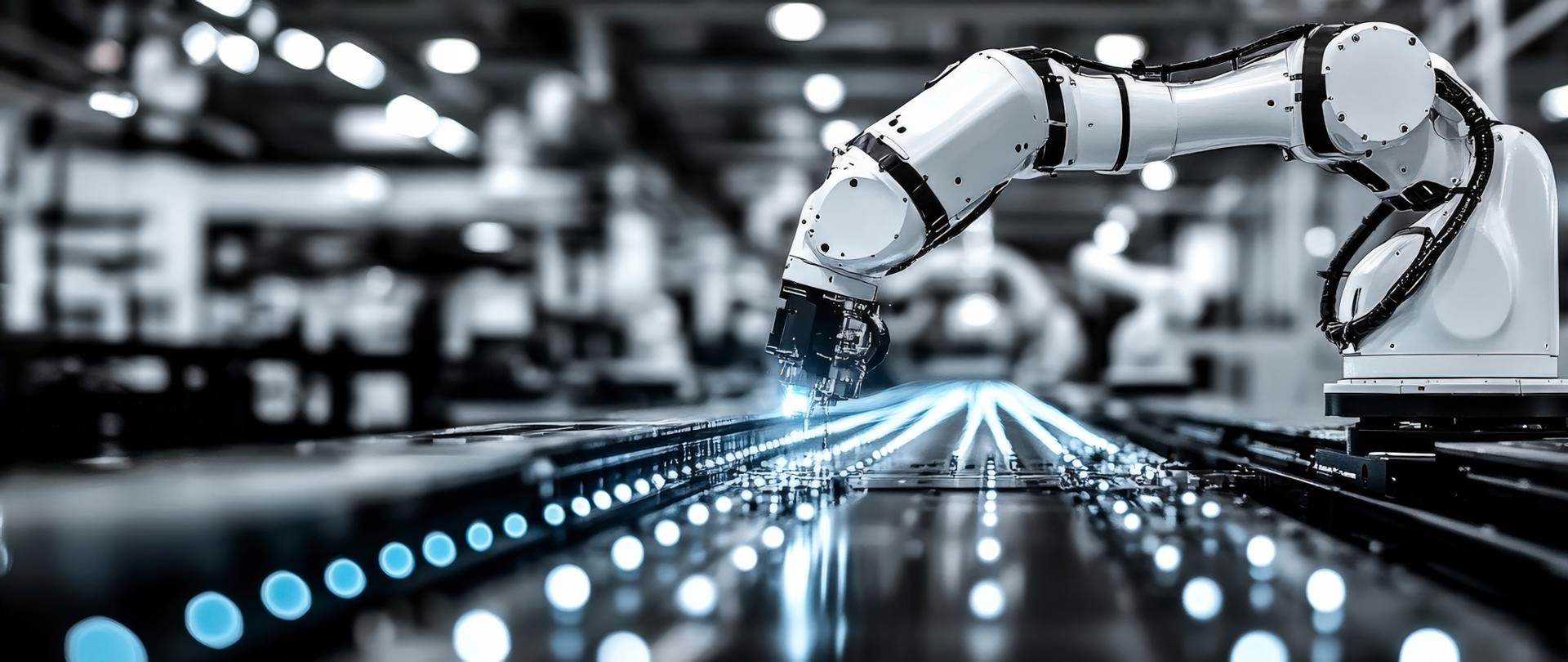 Ramię robota pracuje na zaawansowanej technologicznie linii produkcyjnej, prezentując najnowocześniejsze rozwiązania z zakresu automatyzacji i Przemysłu 4.0.