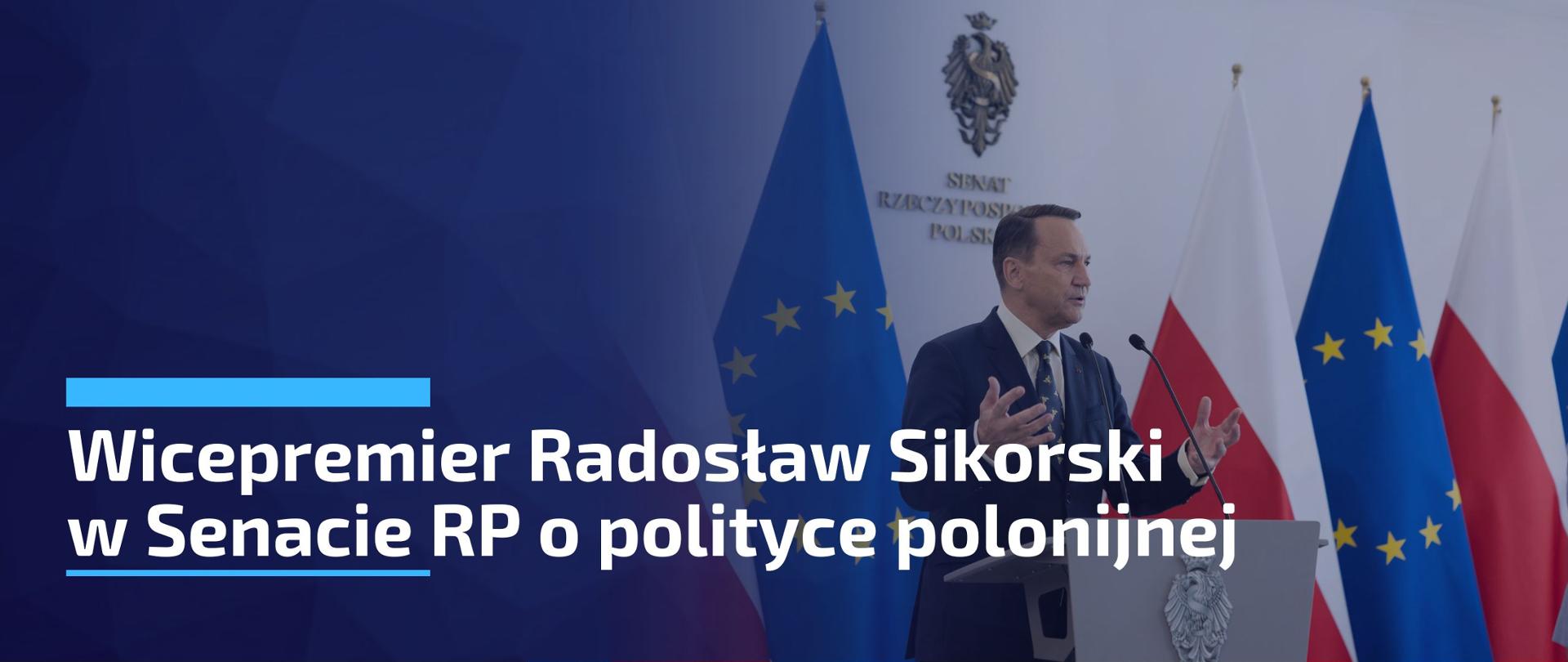 Grafika przedstawia wicepremiera Radosława Sikorskiego podczas exposé poświęconego tematyce polonijnej