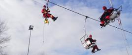 3 ratowników ze Specjalistycznej Grupy Ratownictwa Wysokościowego z Rzeszowa prowadzi ćwiczenia na wyciągu narciarskim. Zdjęcie ukazuje dwóch ratowników pozorujących osoby poszkodowane siedzących na dwóch krzesełkach, trzeci z ratowników dociera do jednego z ratowników przy użyciu technik i sprzętu ratownictwa wysokościowego.