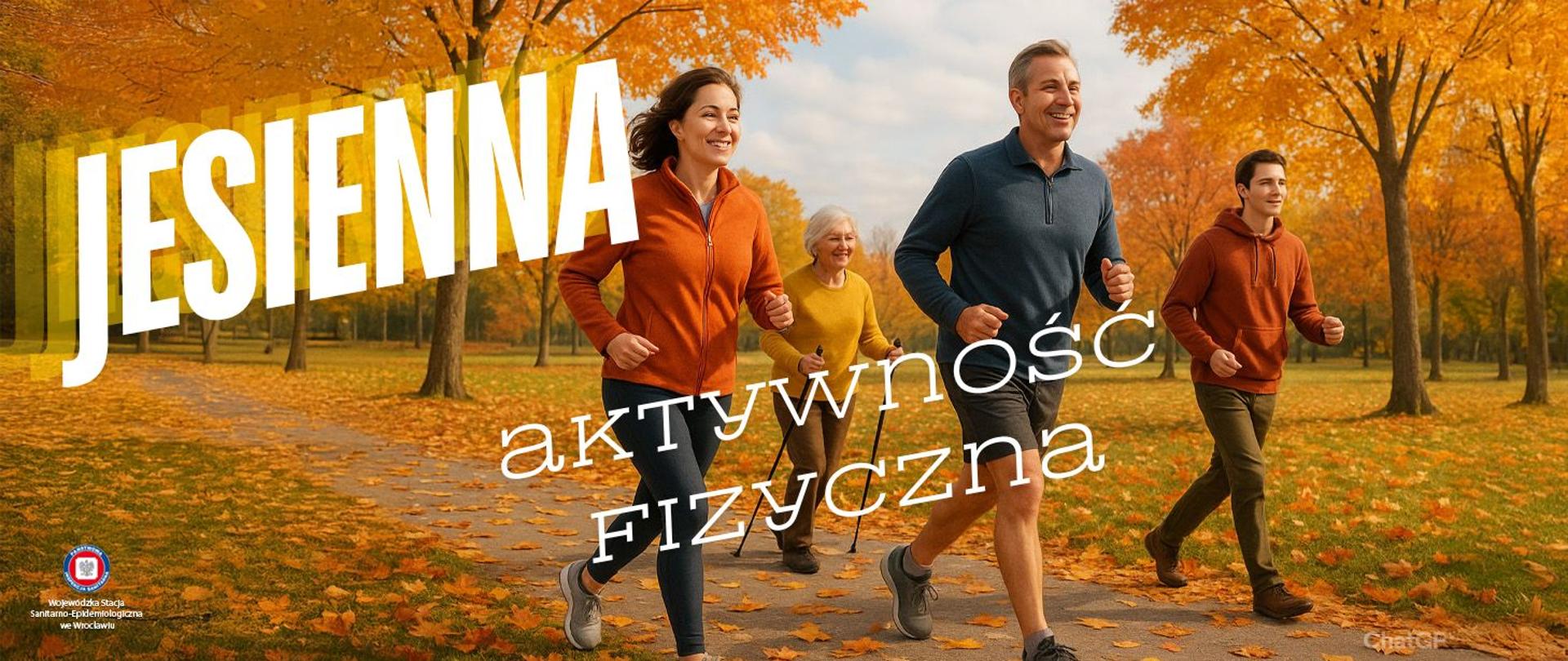 Zdjęcie jesiennej aktywności fizycznej – grupa osób w różnym wieku biega i uprawia nordic walking w parku pełnym złotych i czerwonych liści. Naturalne światło jesiennego dnia, lekko zachmurzone niebo, ciepła atmosfera zdrowego stylu życia.