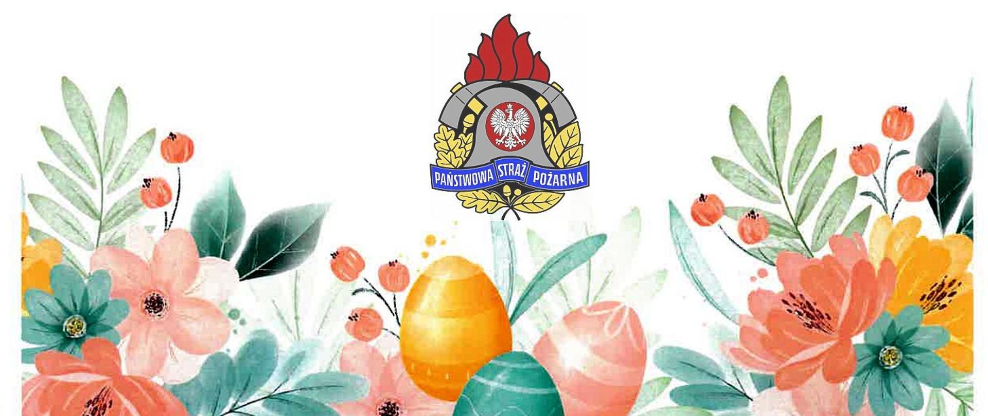 Zdjęcie przedstawia logo PSP na tle świątecznych malunków