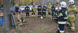 Warszaty szkoleniowe. Zdjęcie przedstawia fragment stadionu w Sarnowie, na którym przygotowane jest stanowisko do zajęć z zakresu "wybuchowości". Z lewej strony, o pień drzewa oparta jest tablica, przy której klęczy instruktor. Wokół stanowiska znajduje się grupa strażaków biorących udział w warsztatach. W tle widoczne są samochody. 