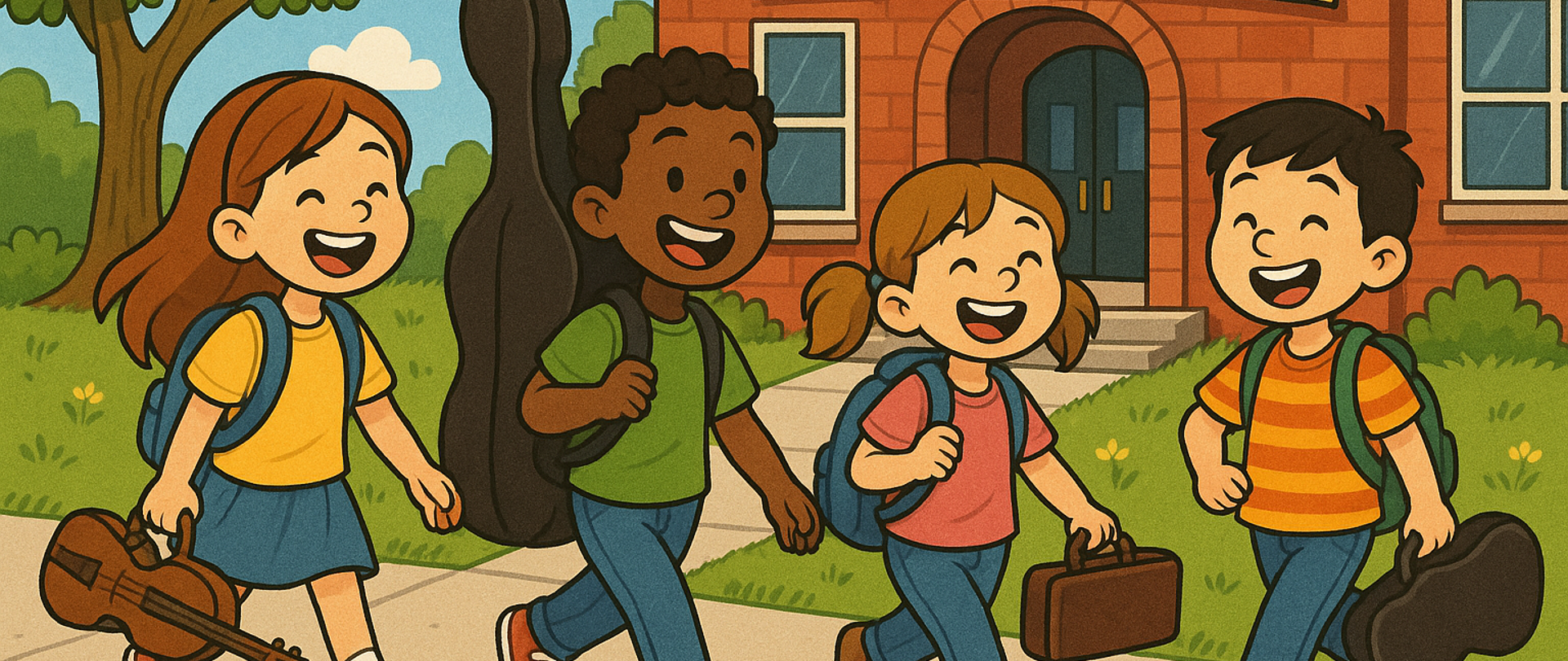 Ilustracja przedstawia czworo uśmiechniętych dzieci niosących instrumenty muzyczne, idących chodnikiem do budynku Szkoły Muzycznej w Łęczycy. Grafika rysunkowa