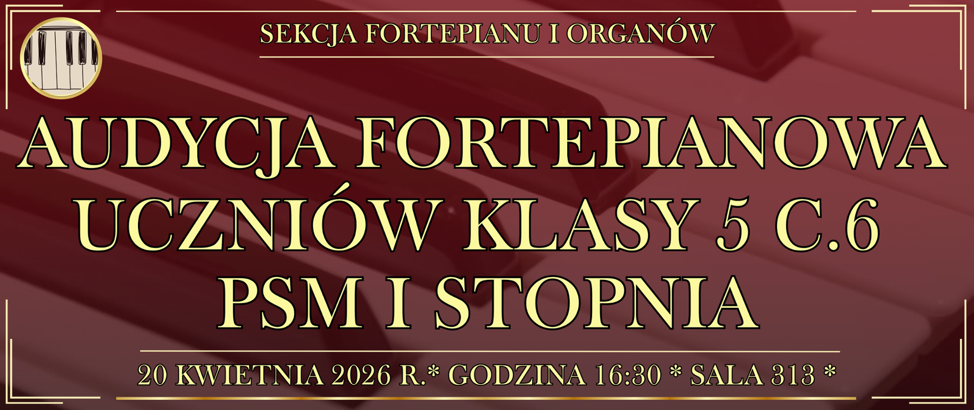 baner w tle klawiatura fortepianu oraz informacja o wydarzeniu