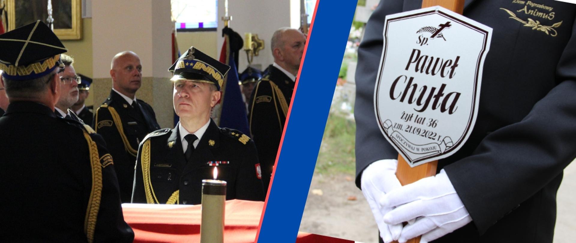 Dwa zdjęcia zapowiadające. Asysta generalska i tablica z nazwiskiem zmarłego.