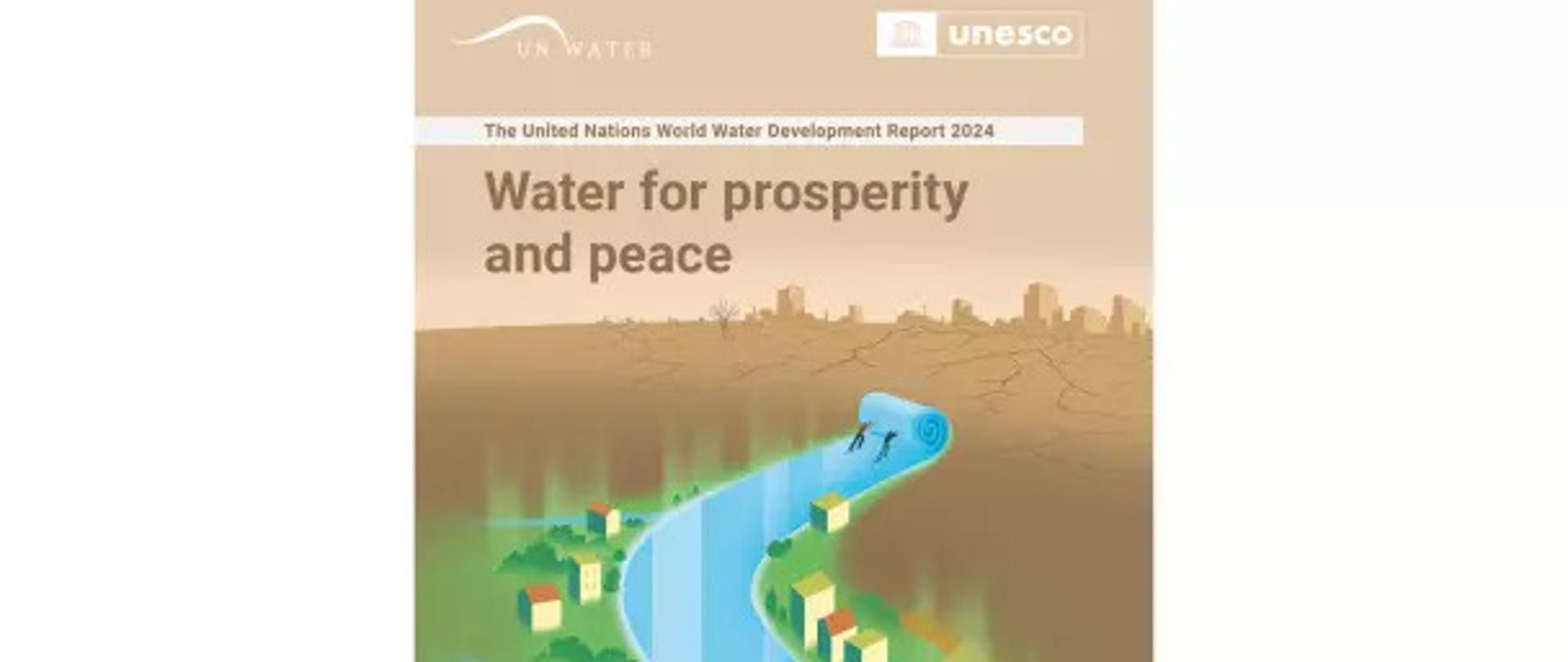Światowy Dzień Wody 2024, plakat, raport ONZ, płynąca woda, domy, zieleń, w oddali miasto bez wody