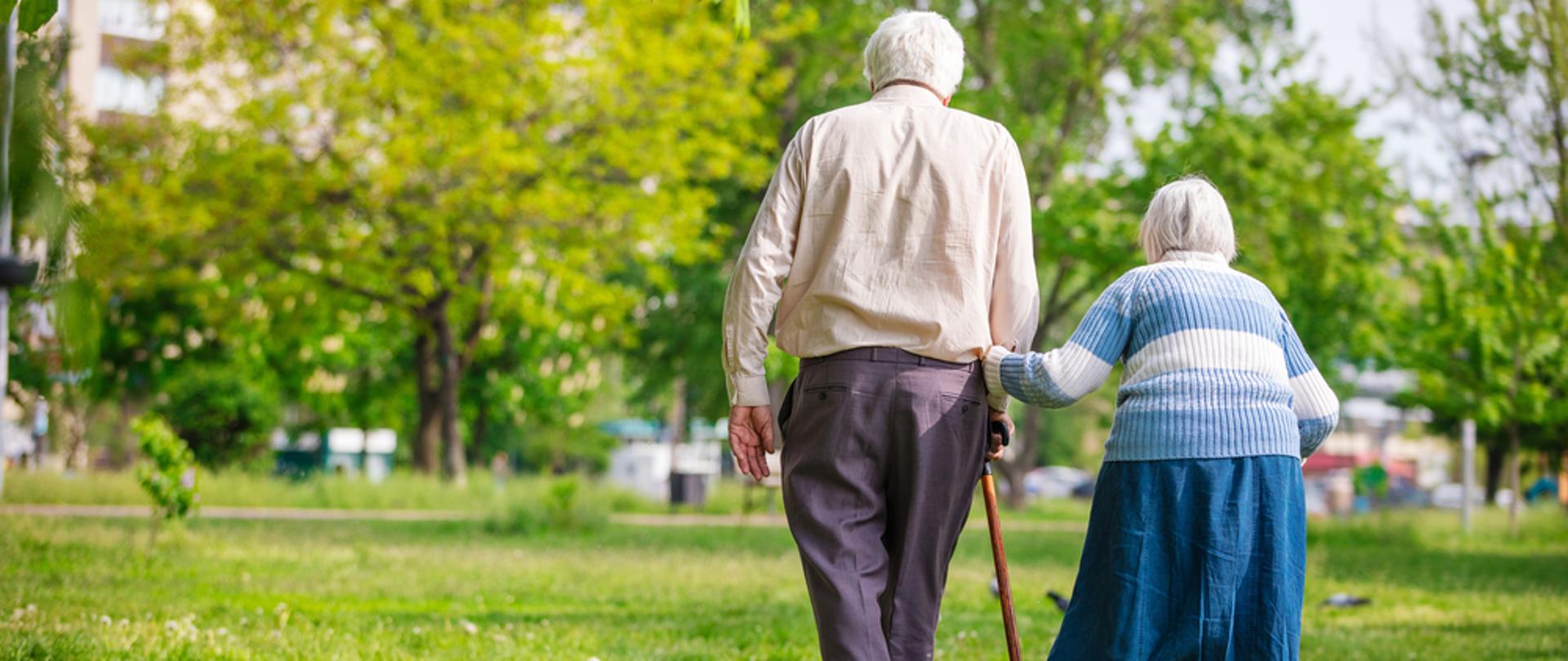 W centralnej części widzimy parę seniorów - po lewej mężczyzna, po prawej kobieta na tle parku.