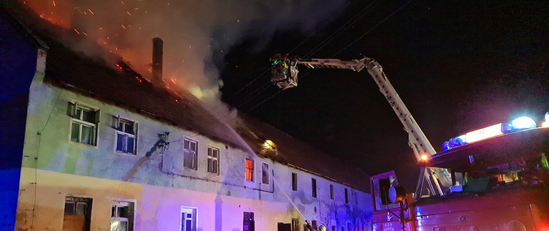 Strażacy podający prądy wody na palący się budynek