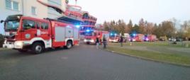 Widać pięć samochodów strażacki przed budynkiem hotel, po prawej jest trawnik