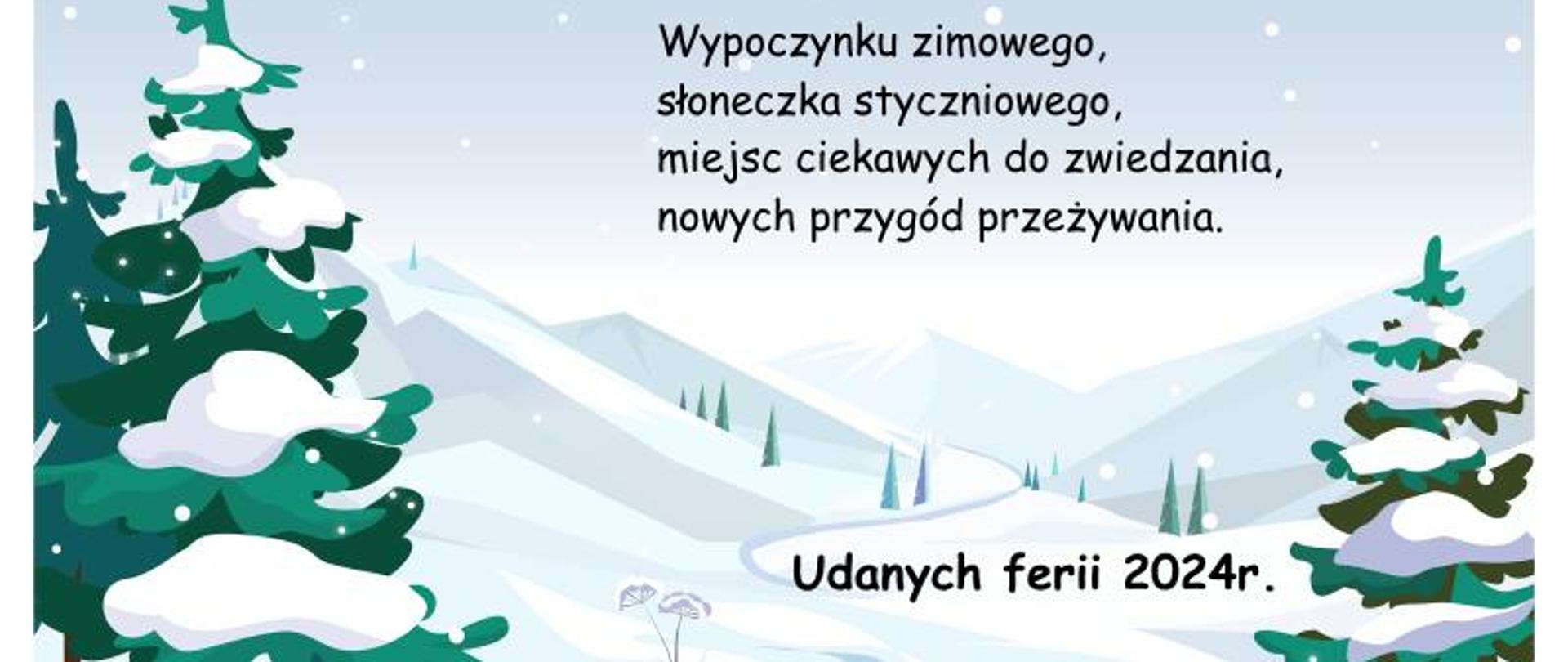 Wzgórza zimowe z płatkami śniegu. Drzewa iglaste ze śniegiem na gałęziach. 