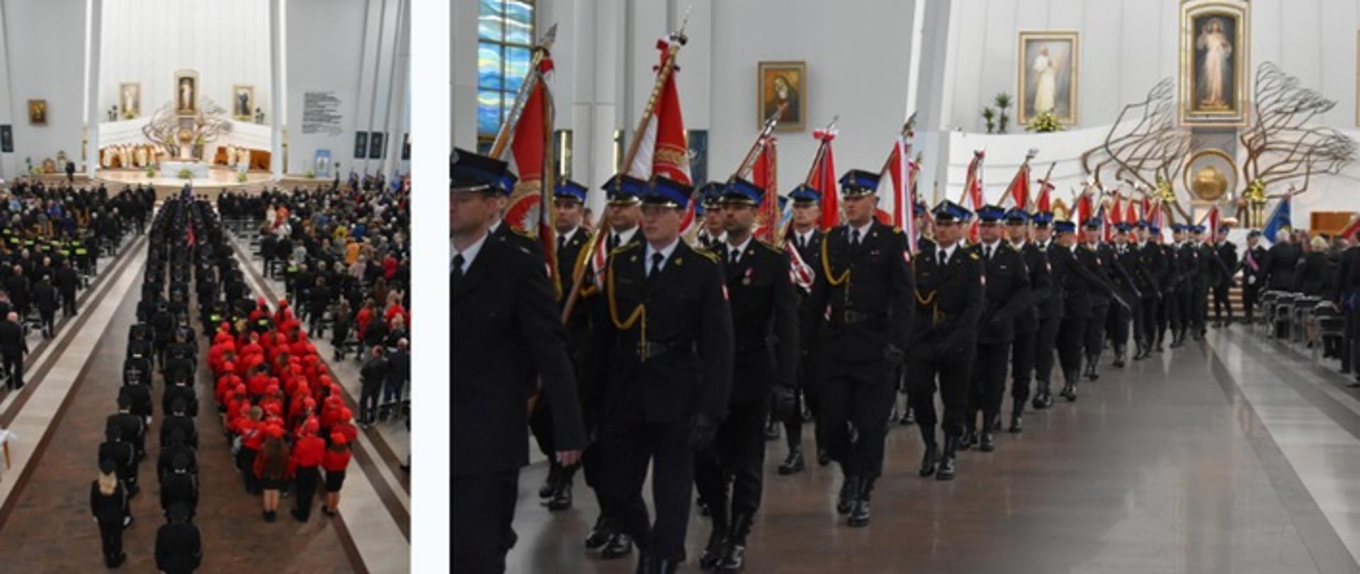 Strażacy w mundurach galowych maszerują ze sztandarami w tle widać ołtarz główny