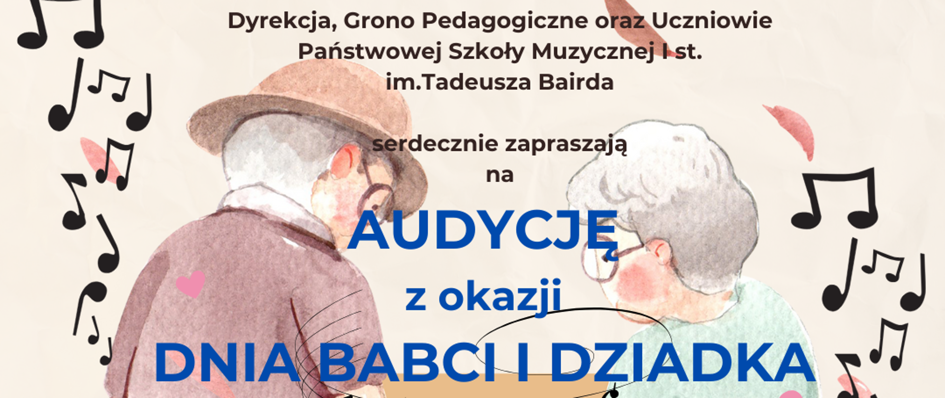 Jasny, beżowy plakat z rysunkiem babci i dziadka jako tło, i z czarnymi napisami informującymi o wydarzeniu