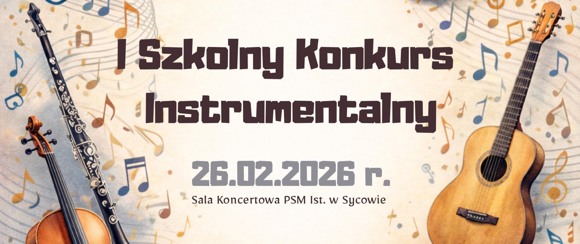 różnobarwny plakat z grafikami przedstawiającymi instrumenty. Po obwodzie widnieją pięciolinie z nutami. Na środku napis w kolorze brązowym i szarym.