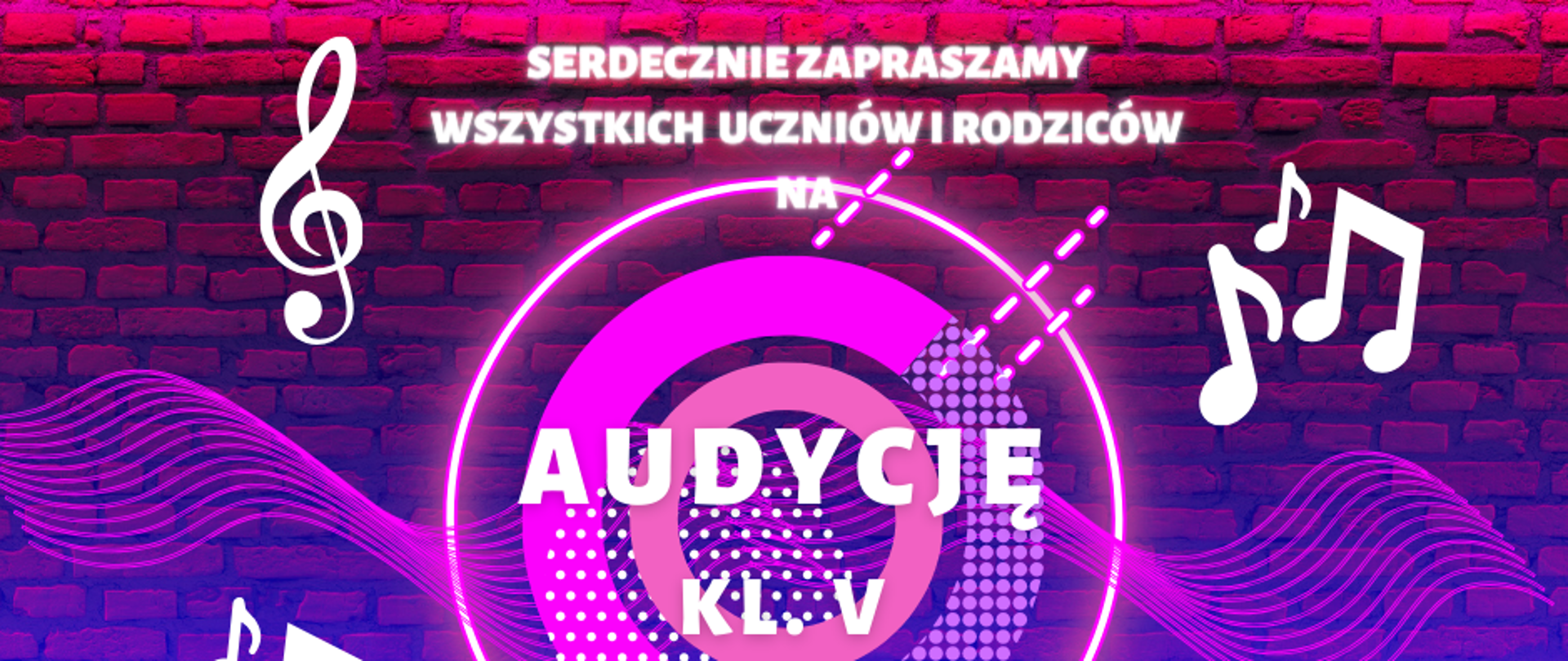 Tło plakatu na kolor różowo - fioletowy, w tle biała pięciolinia z nutami oraz białe napisy informujące o wydarzeniu