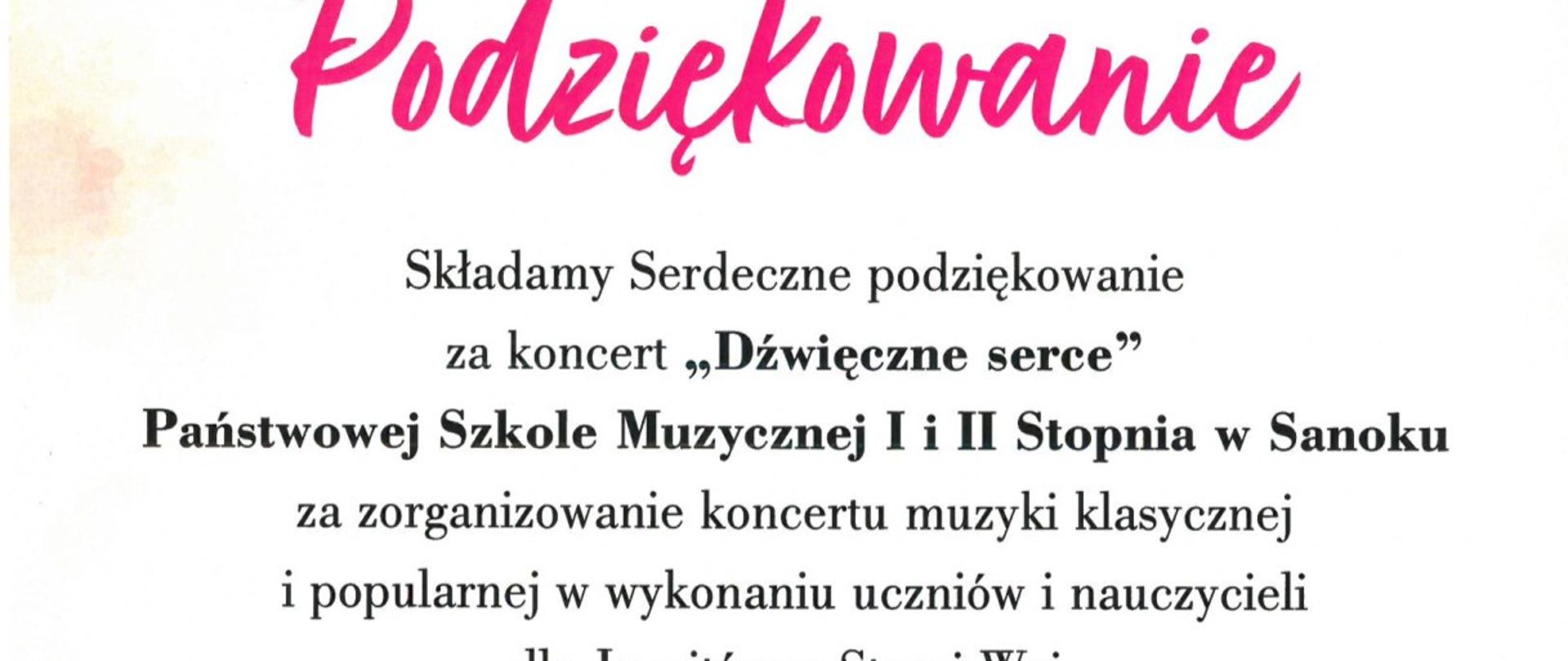 Dyplom, jasne tło otoczone kolorowymi kwiatami, na środku tekst - Podziękowanie za koncert Dźwięczne Serce dla Państwowej Szkole Muzycznej I i II st. w Sanoku wykonany dla Jezuitów w Starej Wsi w dniu 16 listopada 2022r.