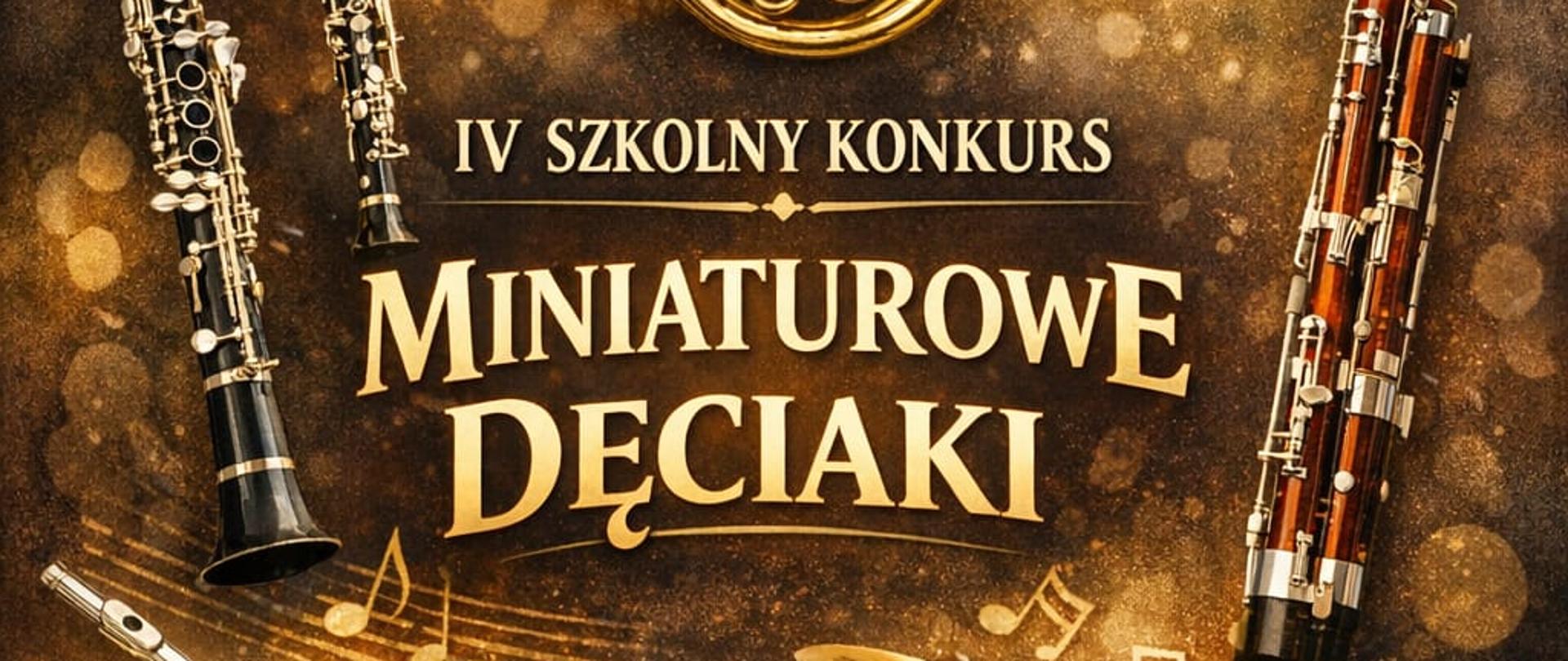 Plakat z instrumentami dętymi z napisem Zespół Państwowych Szkół Muzycznych im. Kazimierza Wiłkomirskiego IV Szkolny Konkurs Miniaturowe Dęciaki, 07 maja 2026