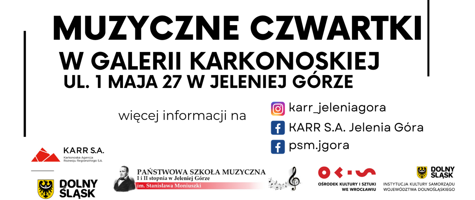 Graficzna informacja o koncercie z okazji Międzynarodowego Dnia Muzyki, który odbędzie się 5 października 2023 r. w Galerii Karkonoskiej, ul. 1 Maja 27, Jelenia Góra. Białe tło, w górnej części czarne napisy: Hubert Papaj, Prezes KARR S.A., oraz Irena Maciejewska Dyrektor PSM I i II stopnia im. S. Moniuszki w Jeleniej Górze zapraszają. Poniżej pas z tytułem koncertu Wiwat Muzyka umieszczonym na brązowo-złoto-zółtym tle, gdzie można wyróżnić klucz wiolinowy. W dolnej części loga: Ośrodka Kultury i Sztuki we Wrocławiu, Instytucji Kultury Samorządu Województwa Dolnośląskiego, Karkonoskiej Agencji Rozwoju Regionalnego, Urzędu Marszałkowskiego Województwa Dolnośląskiego, Państwowej Szkoły Muzycznej I i II stopnia im. Stanisława Moniuszki w Jeleniej Górze.