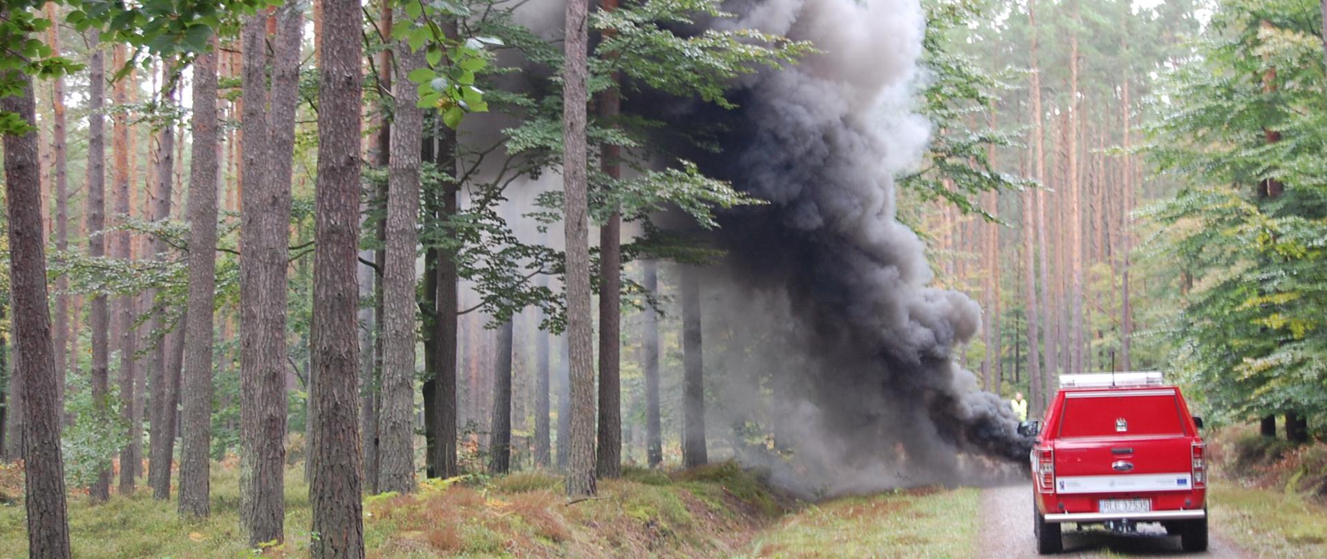 Zdjęcie przedstawia chmurę czarnego dymu, która unosi pomiędzy drzewami. Z prawej strony stoi pojazd należący do nadleśnictwa Leżajsk.