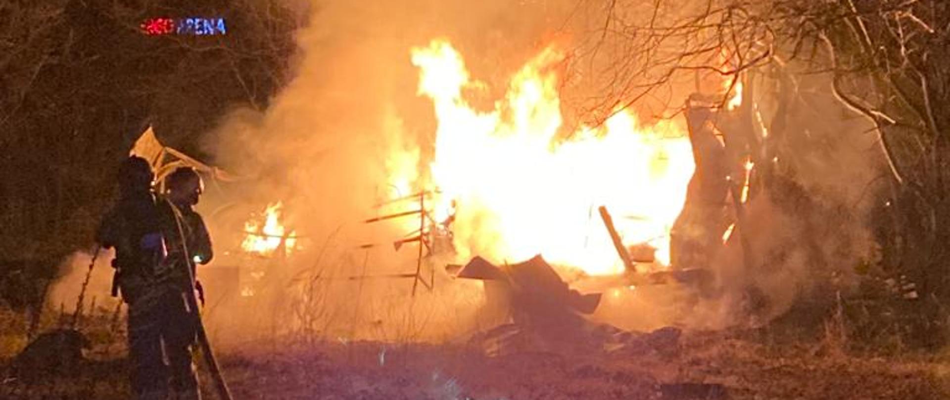 Noc. Objęty w całości pożarem barak gaszony przez strażaków. Płomienie sięgaja wysokości 2-3 metrów. Po prawej i lewej stronie drzewa. po lewej stronie dwóch strażaków z linią wężową