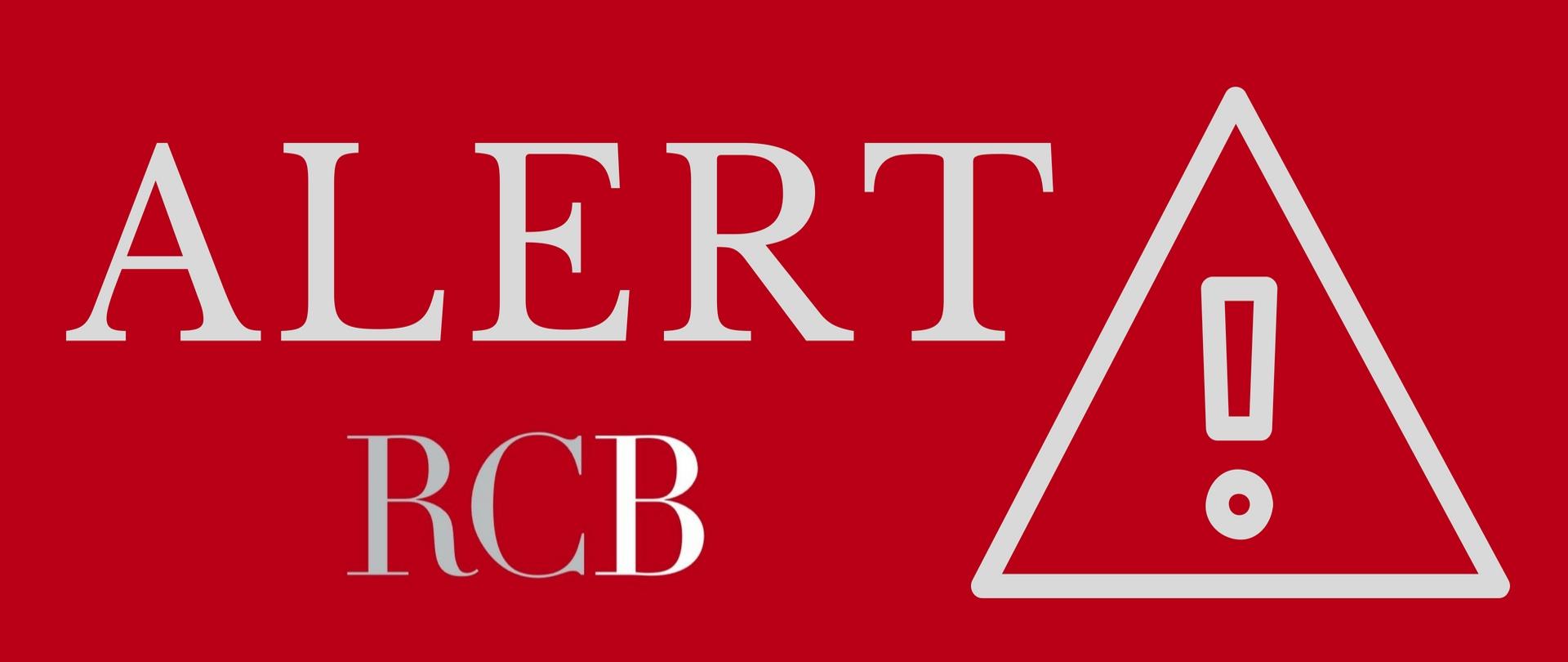 Logo przedstawia czerwony prostokąt z białymi drukowanymi literami Alert RCB oraz umieszczony biały równoramienny trójkąt, na nim również biały wykrzyknik. 