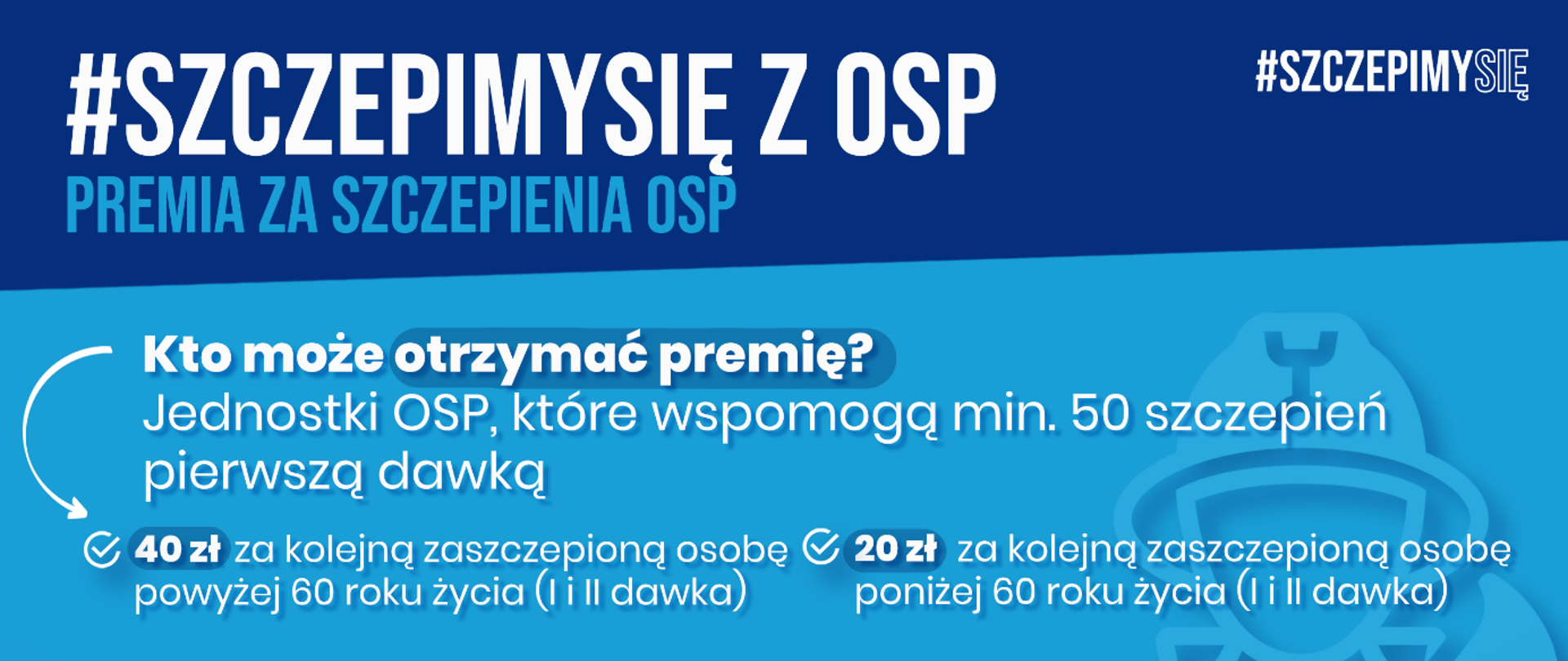 Plakat informacyjny o programie #SzczepimySię z OSP. Białe napisy na niebieskim tle.