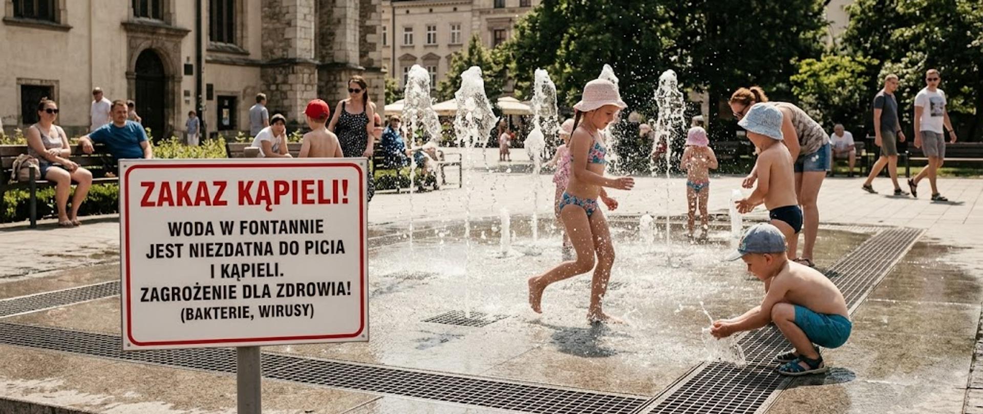 Zdjęcie wygenerowane przez AI przedstawia fontanne w któej bawia się dzieci i napis Zakaz kąpieli Woda w fontannie jest niezdatna do picia i kapieli. Zagrożenie dla zdrowia (Bakterie, Wirusy)