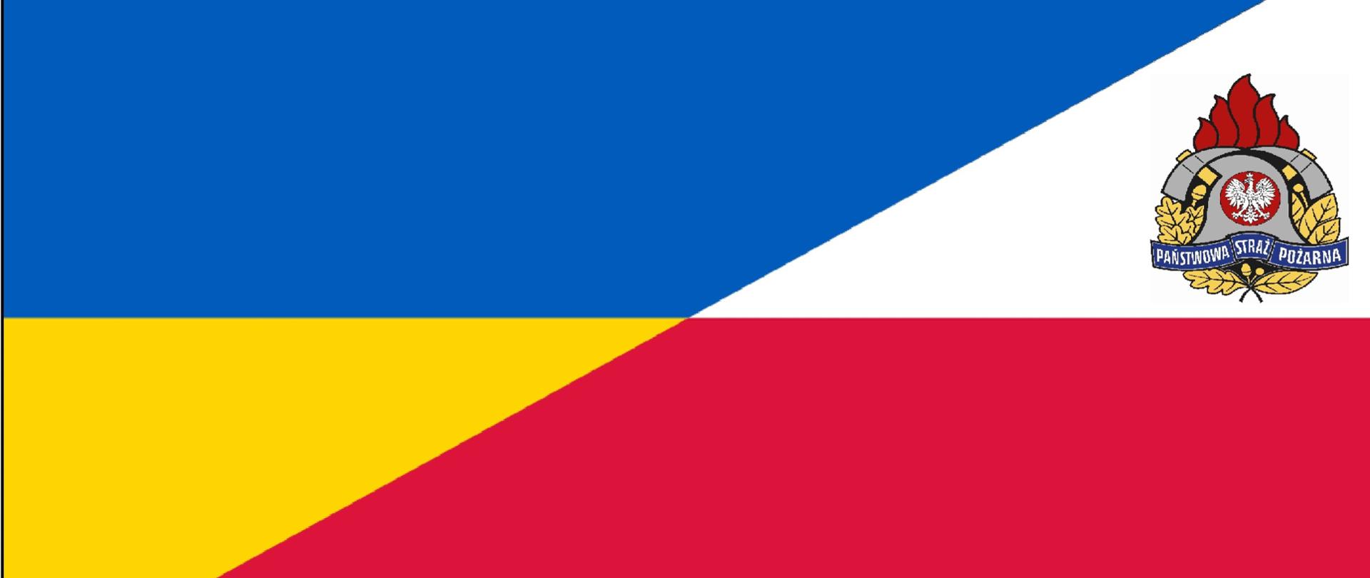 Flaga Ukrainy i Polski. Logo PSP po prawej stronie.
