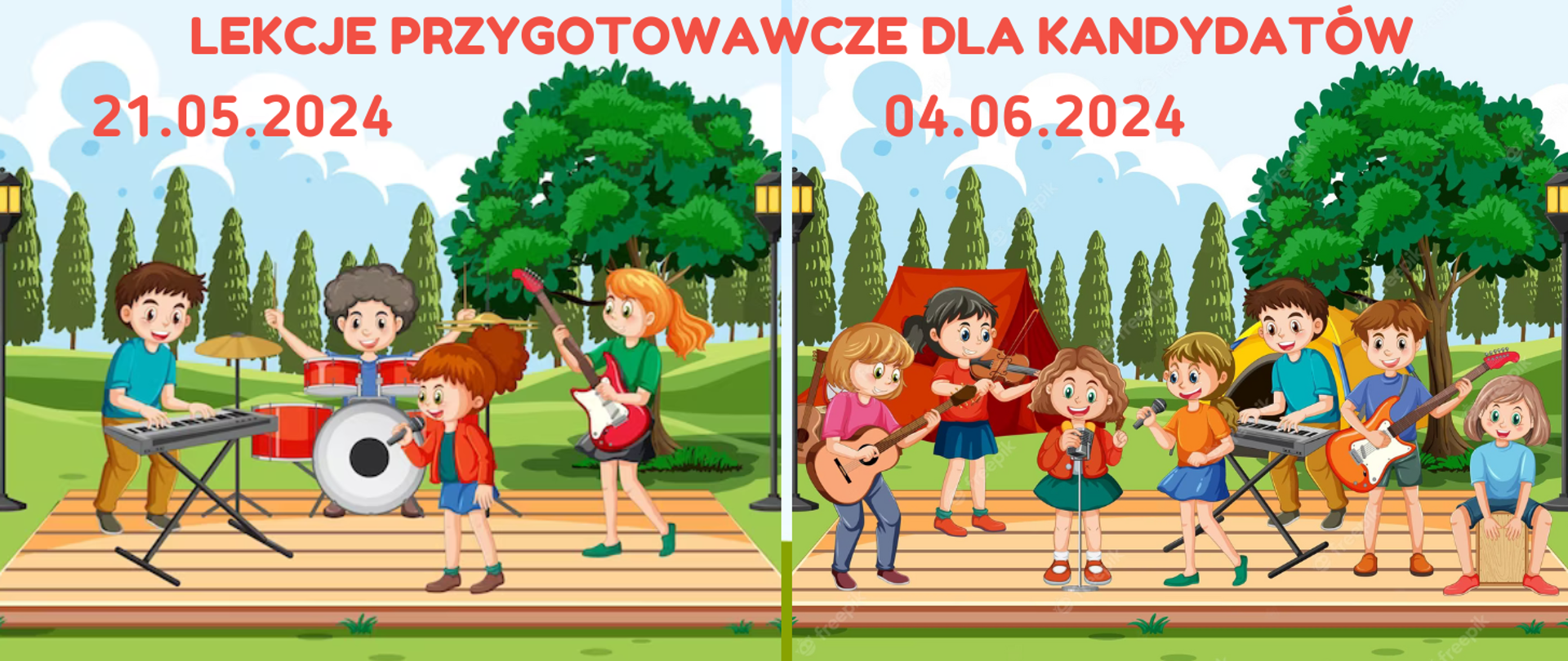 Zdjęcie podzielone na dwie części. Na każdej z nich drewniana scena i zespół muzyczny. Zespół składa się z dzieci grających na licznych instrumentach: piano, perkusja, gitara, skrzypce. W tle za występującymi dziećmi liczne drzewa i dużo zielonej trawy. U samej góry czerwony napis: "lekcje przygotowawcze dla kandydatów", poniżej daty lekcji.