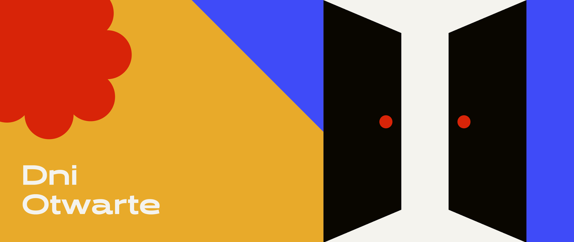 Kafelek z napisem dni otwarte na żółtym tle po lewej stronie i obrazem otwartych drzwi po prawej stronie