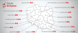 Grafika przedstawiająca konturową mapę Polski z podziałem na województwa. Do każdego województwa odnośnik z liczbą szkół, przedszkoli i placówek oświatowych, które wzięły udział w akcji szkoła do hymnu - dolnośląskie 875, kujawsko-pomorskie 758, lubelskie 1 083
lubuskie 380, łódzkie 943, małopolskie 1 770, mazowieckie 2 219
opolskie 442, podkarpackie 1 157, podlaskie 449, pomorskie 842,
śląskie 1 875, świętokrzyskie 672, warmińsko-mazurskie 709, wielkopolskie 1 540, zachodniopomorskie 555.
