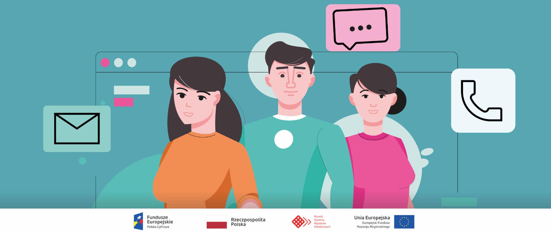 Grafika wektorowa. Troje ludzi, a wokół nich ikony: koperty, słuchawki telefonicznej oraz okna wiadomości. Tło grafiki w kolorze morskim. 