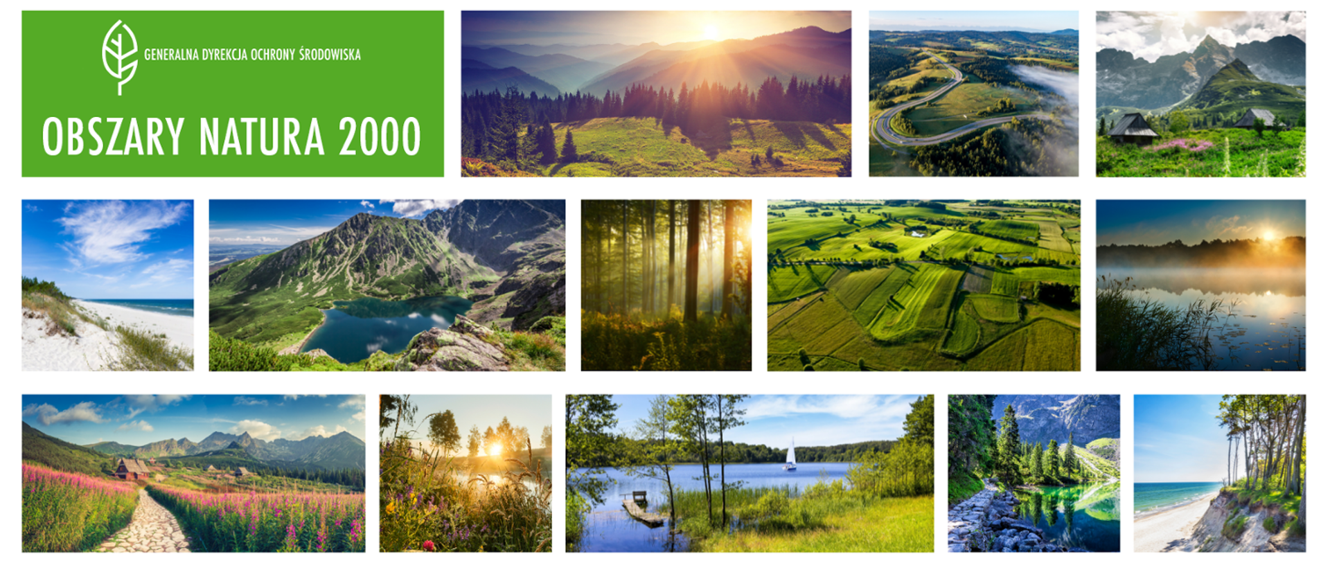 Na białym tle umieszczone w kształcie kwadratów i prostokątów krajobrazy: gór, morza, jezior, łąki, lasy, pola. W sumie 13 kolorowych krajobrazów. W prawym górnym rogu , na zielonym tle, znajduje się napis (biała czcionka): Obszary Natura 2000 oraz logo (biały listek) Generalnej Dyrekcji Ochrony Środowiska.