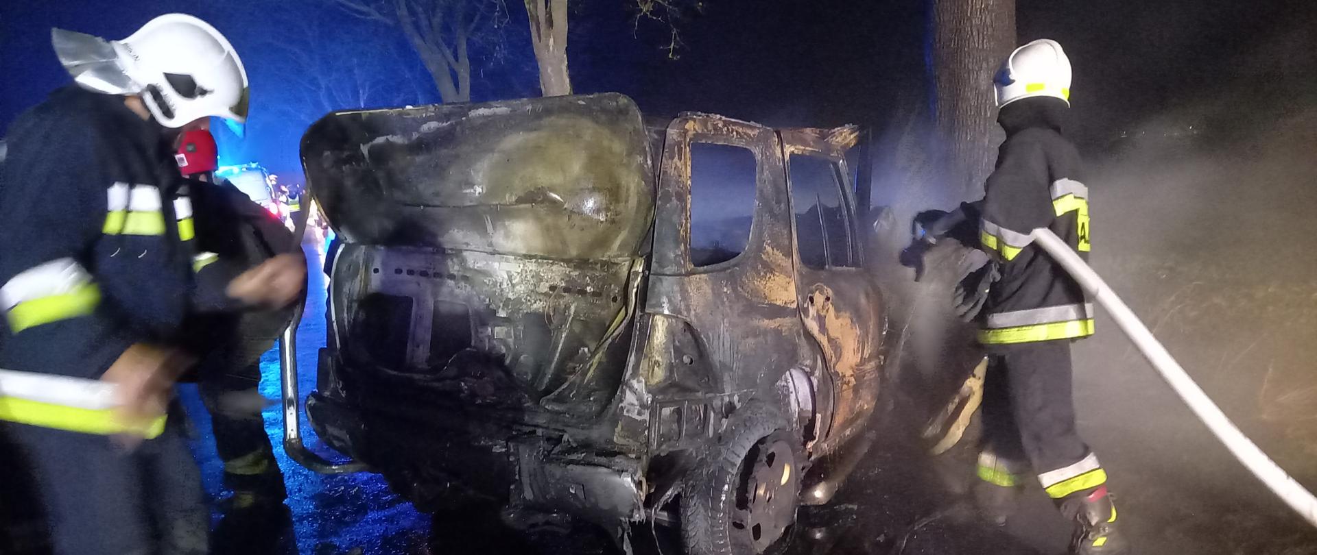 Wypadek w Niegoszczy. Spalony wrak pojazdu.