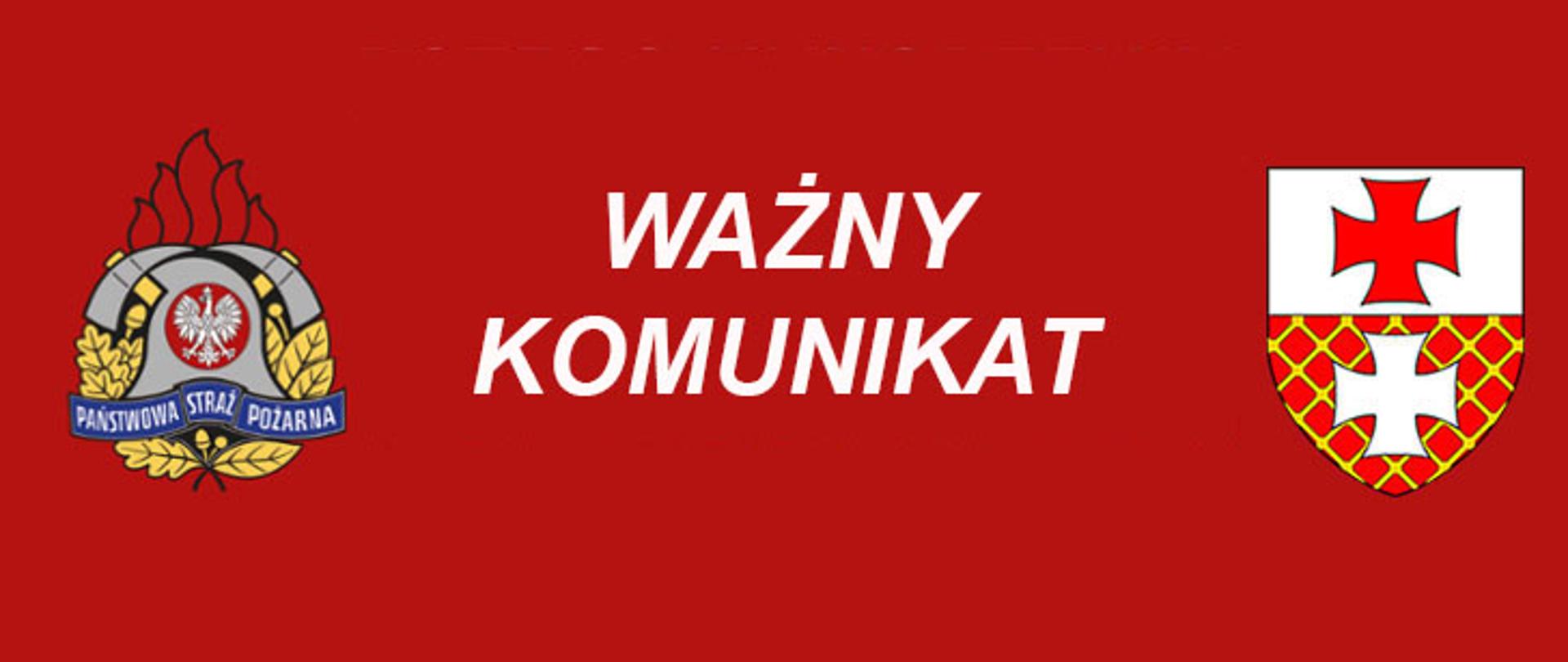 Baner z napisem Ważny Komunikat, po bokach logo Państwowej Straży Pożarnej i Herb Elbląga