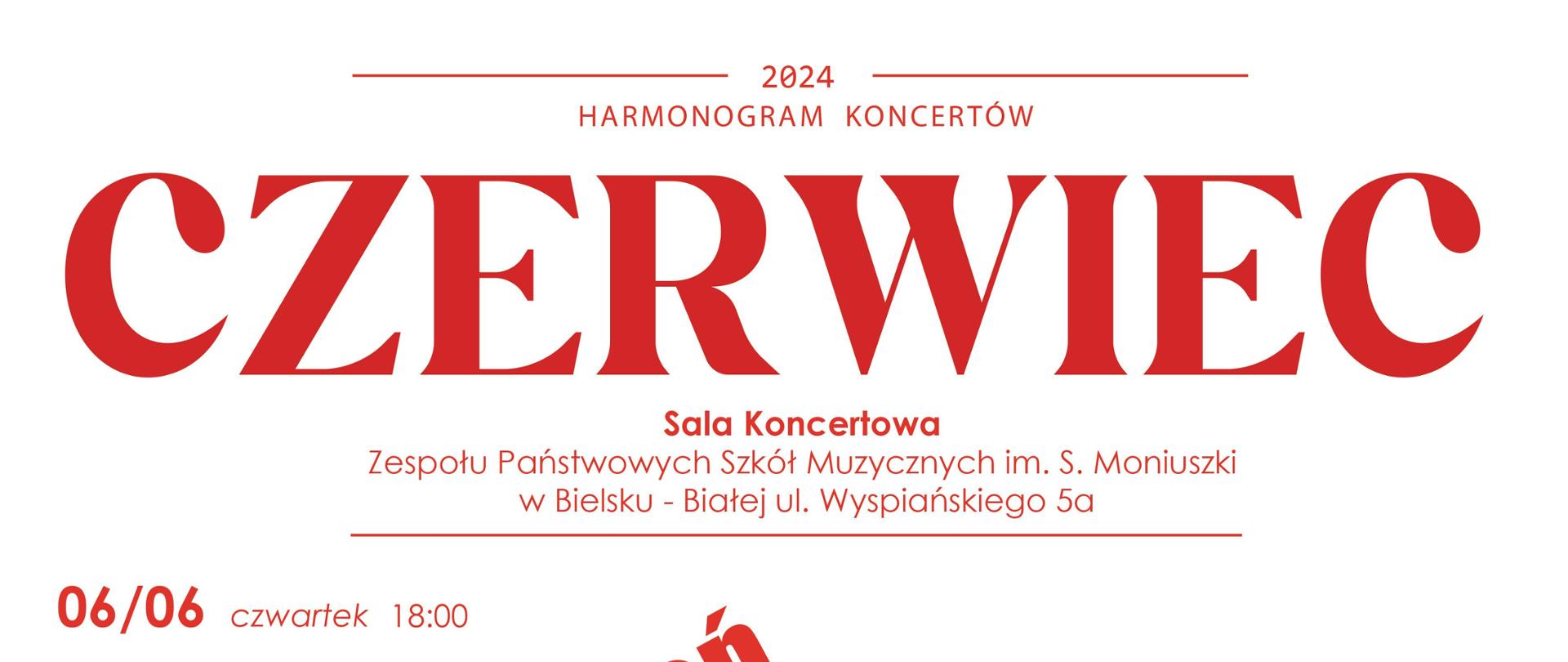 plakat koncertów z sali koncertowej ZPSM na czerwiec 2024. białe tło, czerwone napisy 