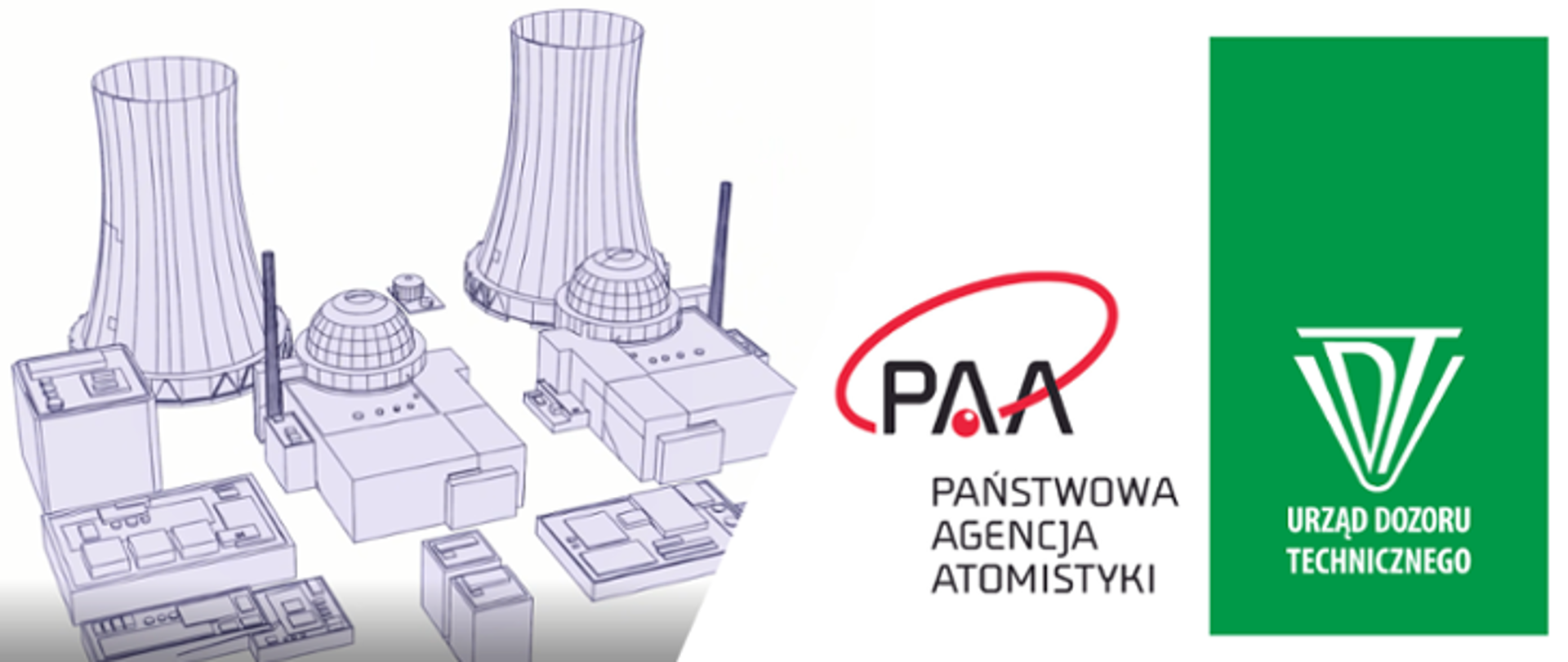 Graphics of a nuclear power plant - two reactor buildings, two cooling stacks. Next to the logos of the National Atomic Energy Agency and the Office of Technical Inspection