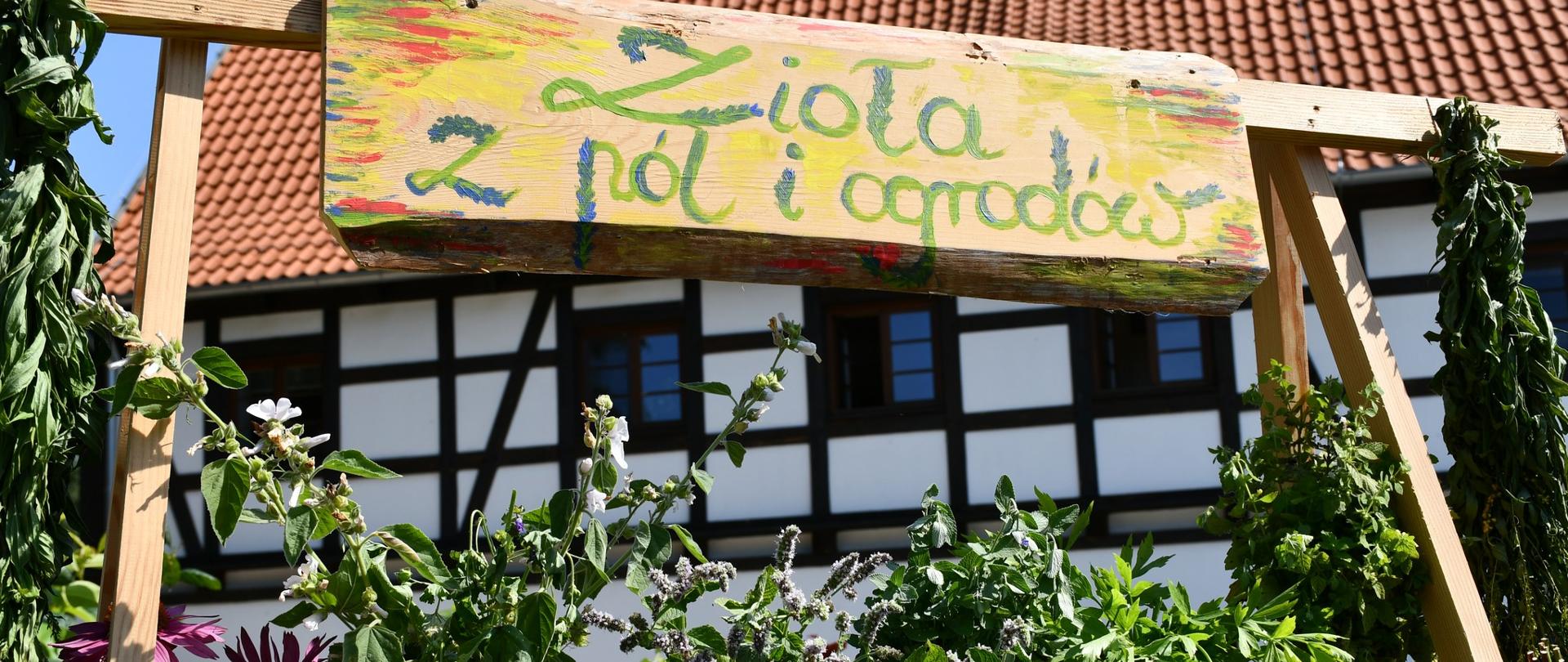 Drewniana tablica z napisem "Zioła z pól i ogrodów" a pod tablicą znajdują się opisane zioła. 