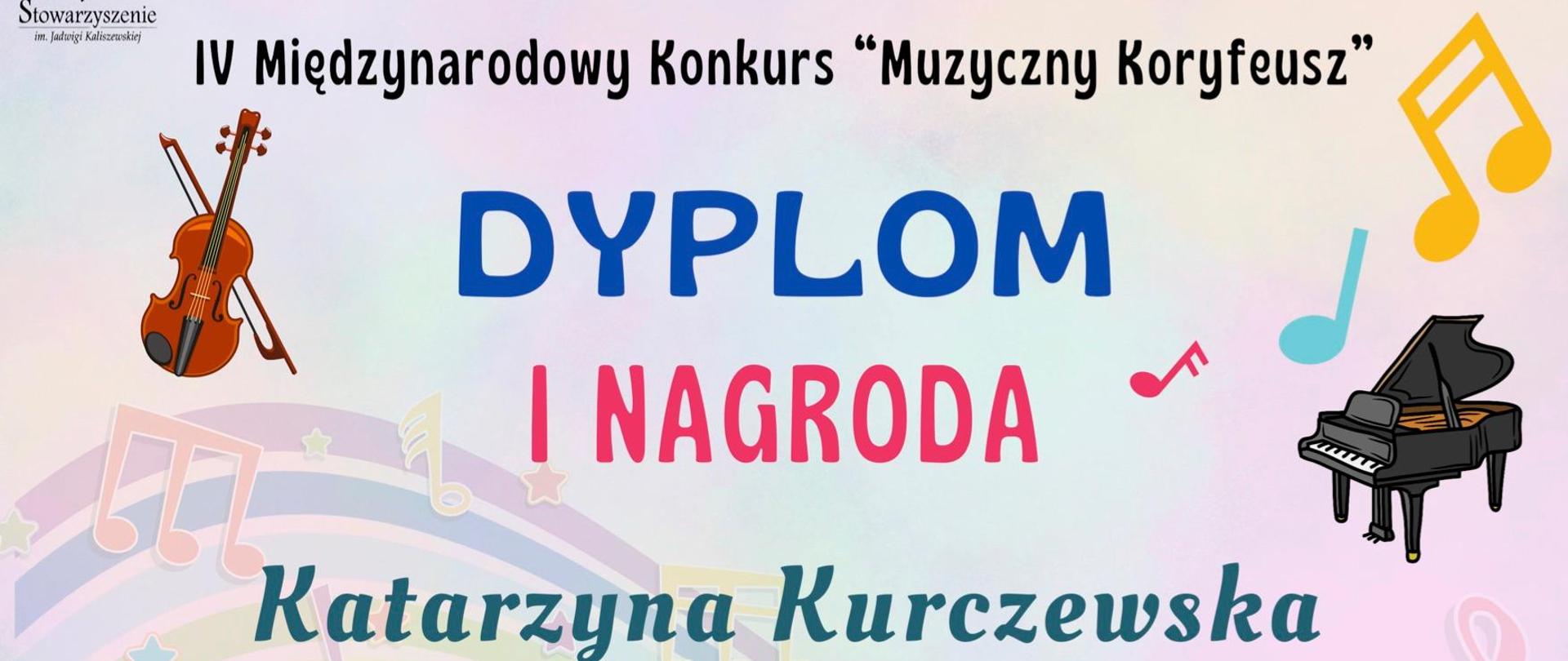 Na kolorowym tle, u góry po lewej stronie logotyp Stowarzyszenia imienia Jadwigi Kaliszewskiej, poniżej grafika skrzypiec, po prawej stronie grafika fortepianu. W środku symbole nut i klucza wiolinowego, na dole podpisy członków Jury.