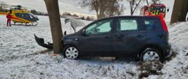 Samochód przy drzewie, uszkodzony przód, na polu LPR