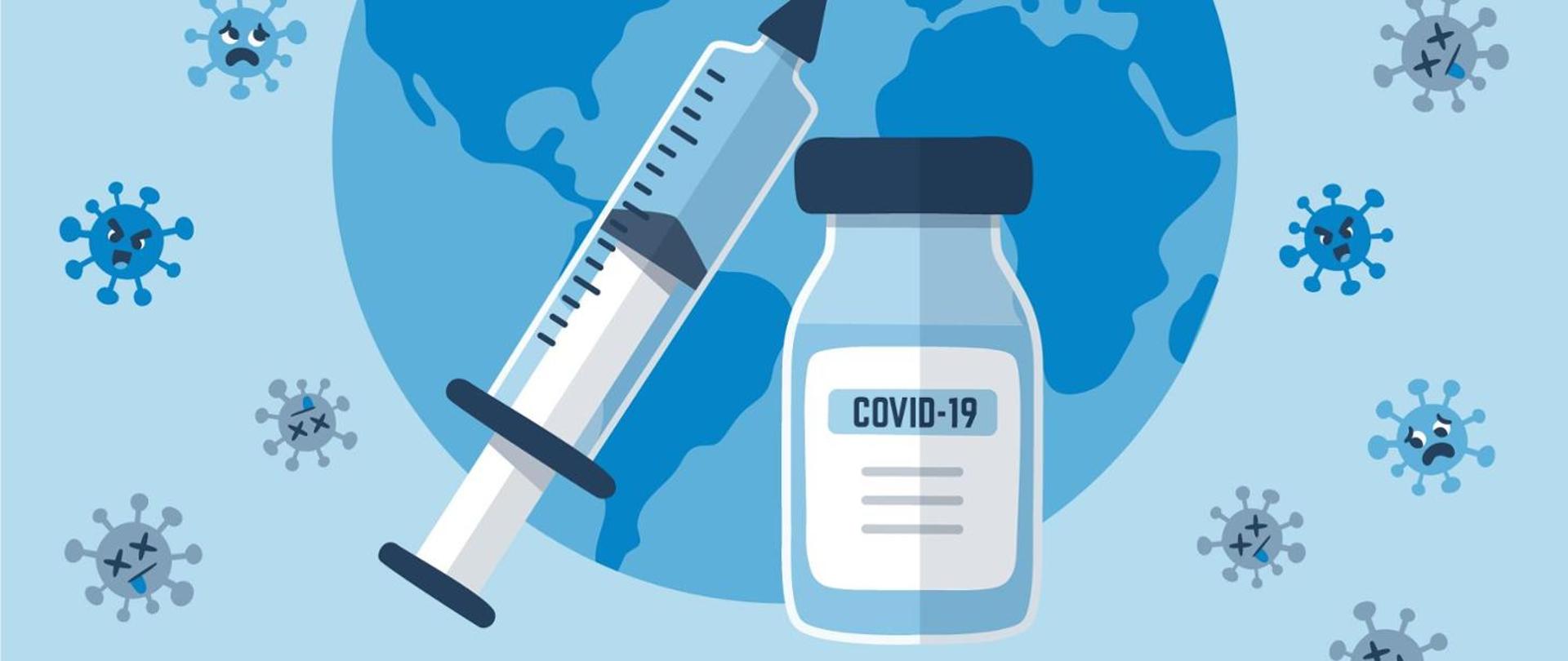 Logo komunikatu o COVID-19 na niebieskim tle niebieskie ikony wirusów, na pierwszym planie duża strzykawka oraz ampułka z napisem COVID-19