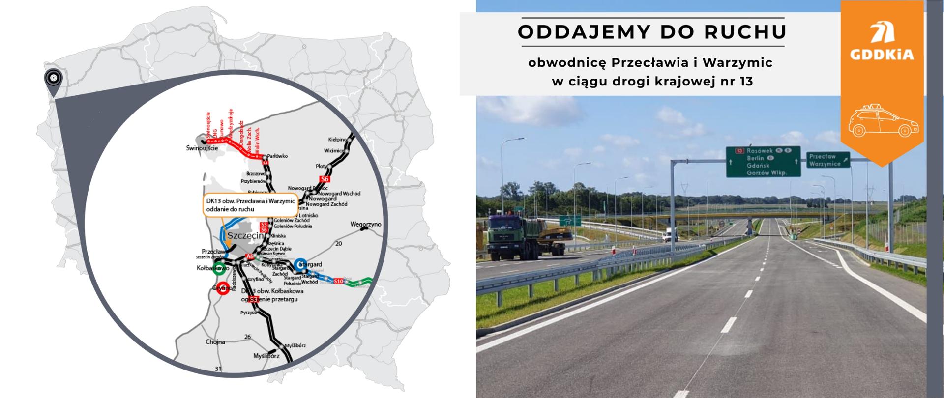 Infografika na oddanie do ruchu obwodnicy Przecławia i Warzymic w ciągu DK13