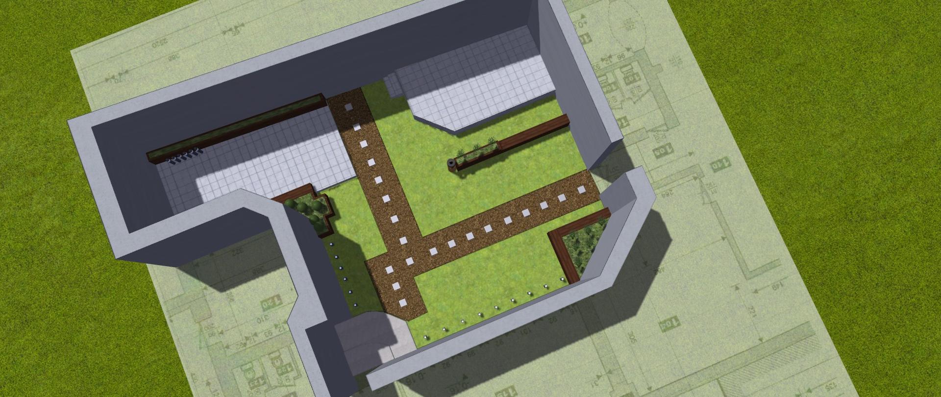 Zdjęcie przedstawia projekt podwórza, plac otoczony wysokim murem, wewnątrz ścieżki, trawnik oraz obszary pokryte kostką