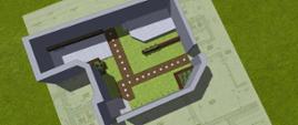 Zdjęcie przedstawia projekt podwórza, plac otoczony wysokim murem, wewnątrz ścieżki, trawnik oraz obszary pokryte kostką
