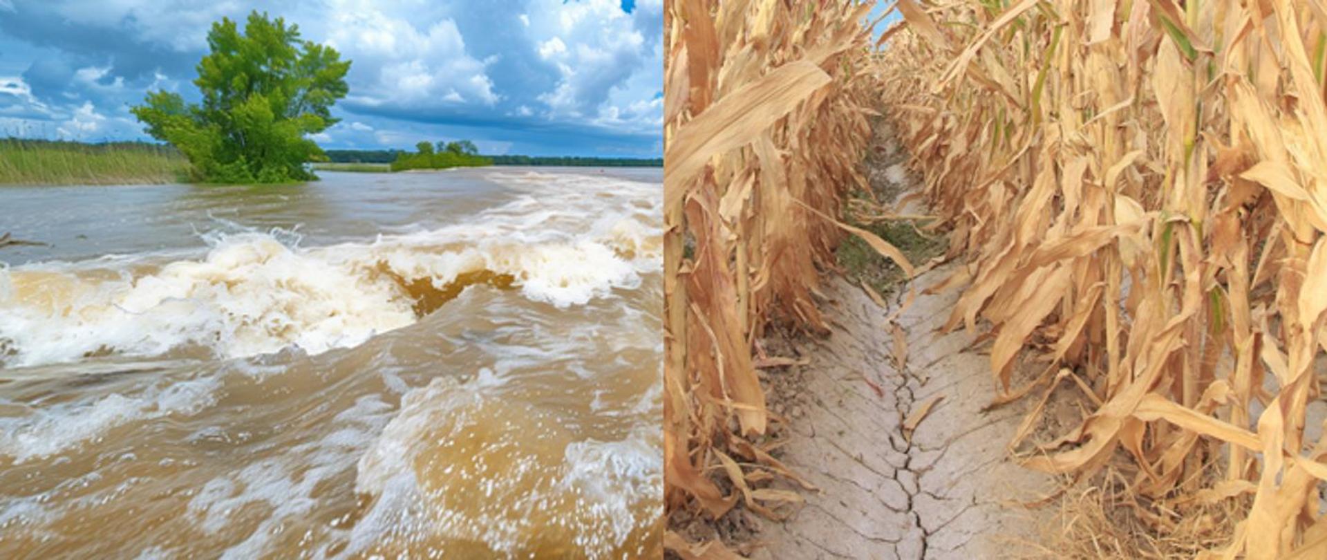 Po lewej stornie zdjęcie z terenów popowodziowych, po prawej zdjęcie z terenów dotkniętych suszą