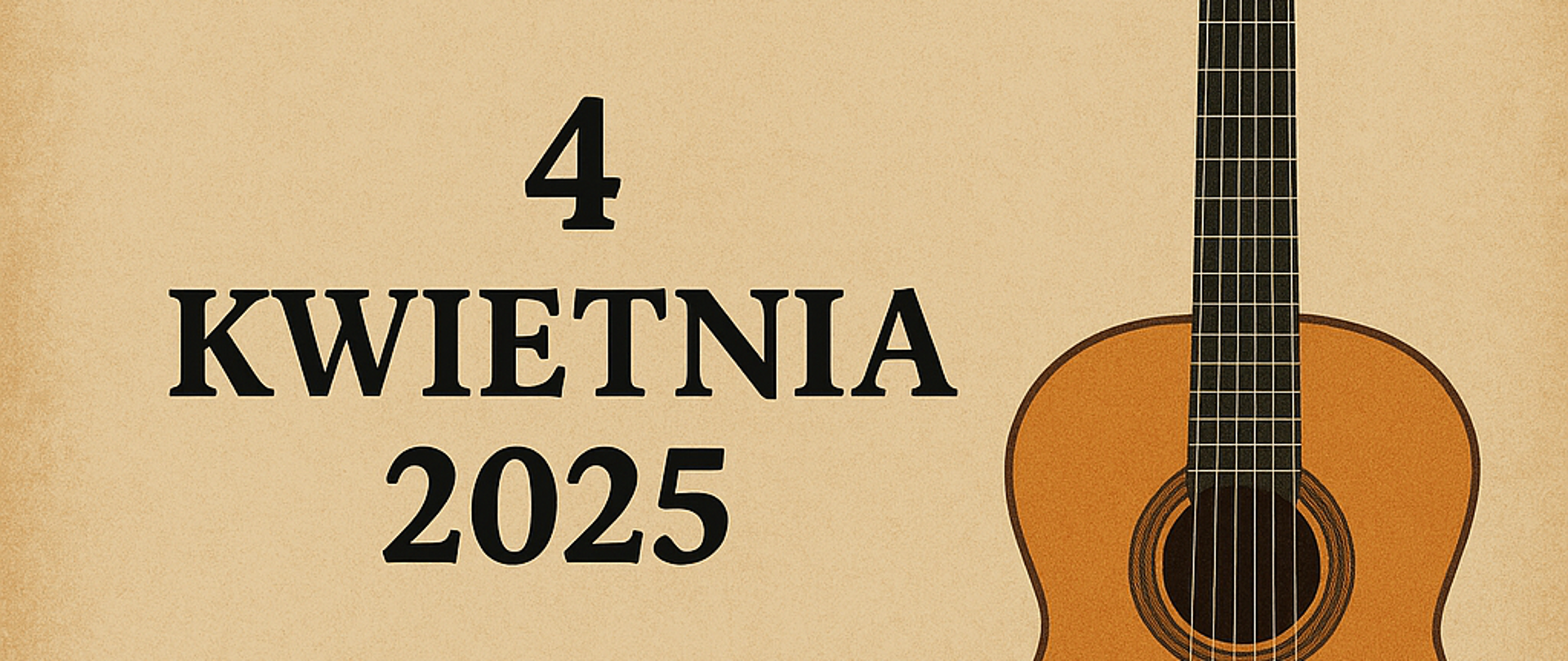 Na beżowym tle informacja o terminie koncertu uczniów klasy gitary