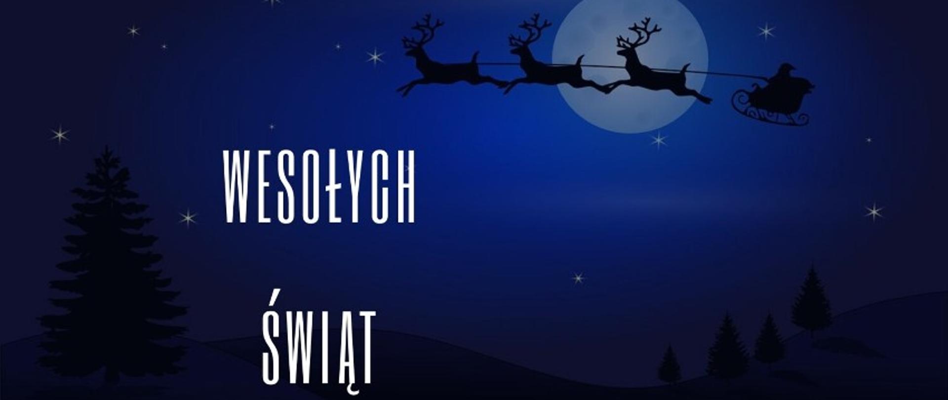 Renifery ciągnące zaprzęg z Mikołajem na tle księżyca i gwieździstego nieba.