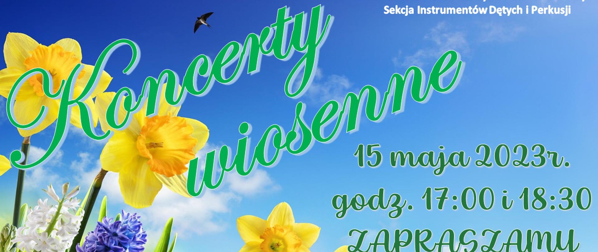 Plakat informujący o koncertach sekcji instrumentów dętych i perkusji w dniu 15 maja 2023 .Po prawej stronie rysunek kwiatów wiosennych po lewej tło w kolorze nieba. Na tym tle zielone napisy informujące o koncercie.