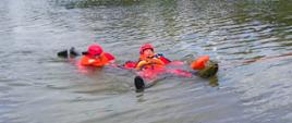 Scena na jeziorze, w której dwóch ratowników w jaskrawoczerwonych kombinezonach i kaskach ćwiczy w wodzie. Ratownik po lewej stronie, z pomarańczową kamizelką ratunkową, podtrzymuje drugiego ratownika, który unosi się na plecach, trzymając się pomarańczowego pływającego elementu. Obaj są częściowo zanurzeni w wodzie, a na prawym brzegu widoczna jest lina ciągnąca się w ich kierunku. W tle widać brzeg porośnięty trzciną i pas drzew. Niebo jest pochmurne.